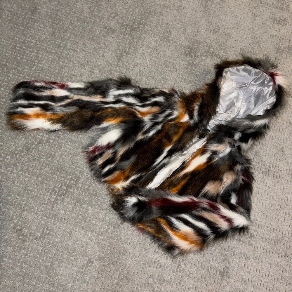 Calico Vegan Fur Jacket | Zip Up with Hood